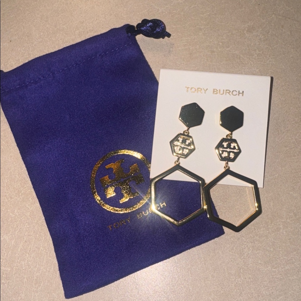 Tory Burch Hexagon Logo circle Dangle Drop earrings $139 NEW